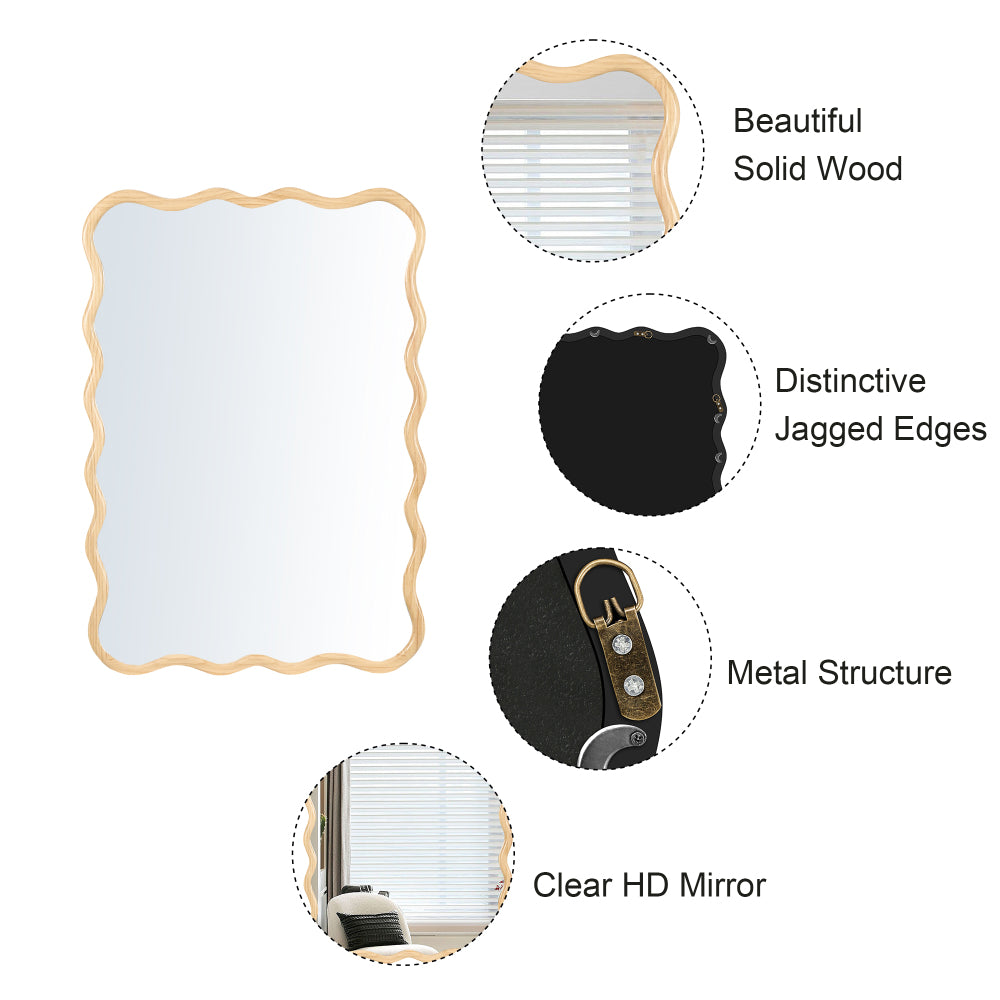 Solid Wood Wavy Rectangle Mirror-Natural-Wood 40" x 28" Modern Mirror Wall Decor for Bathroom, Bedroom, Living Room, Dining Room, Cloakroom, Entryway