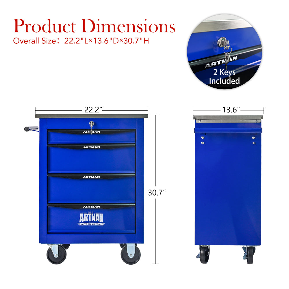 4 Drawers Multifunctional Tool Cart with Wheels,Metal Rolling Tool Cart Storage for Garage Workshop Warehouse Repair Shop--With Stainless Steel Roof- BLACK&BLUE