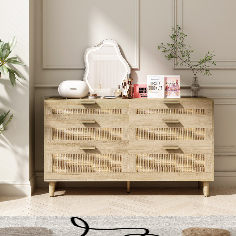 51" Rattan Dresser with Drawers, 6 Drawer Dresser for Bedroom, Clothes Storage Cabinet for Bedroom, Metal Handle&Wood Legs for Hallway, Living Room, Bedroom,Natural