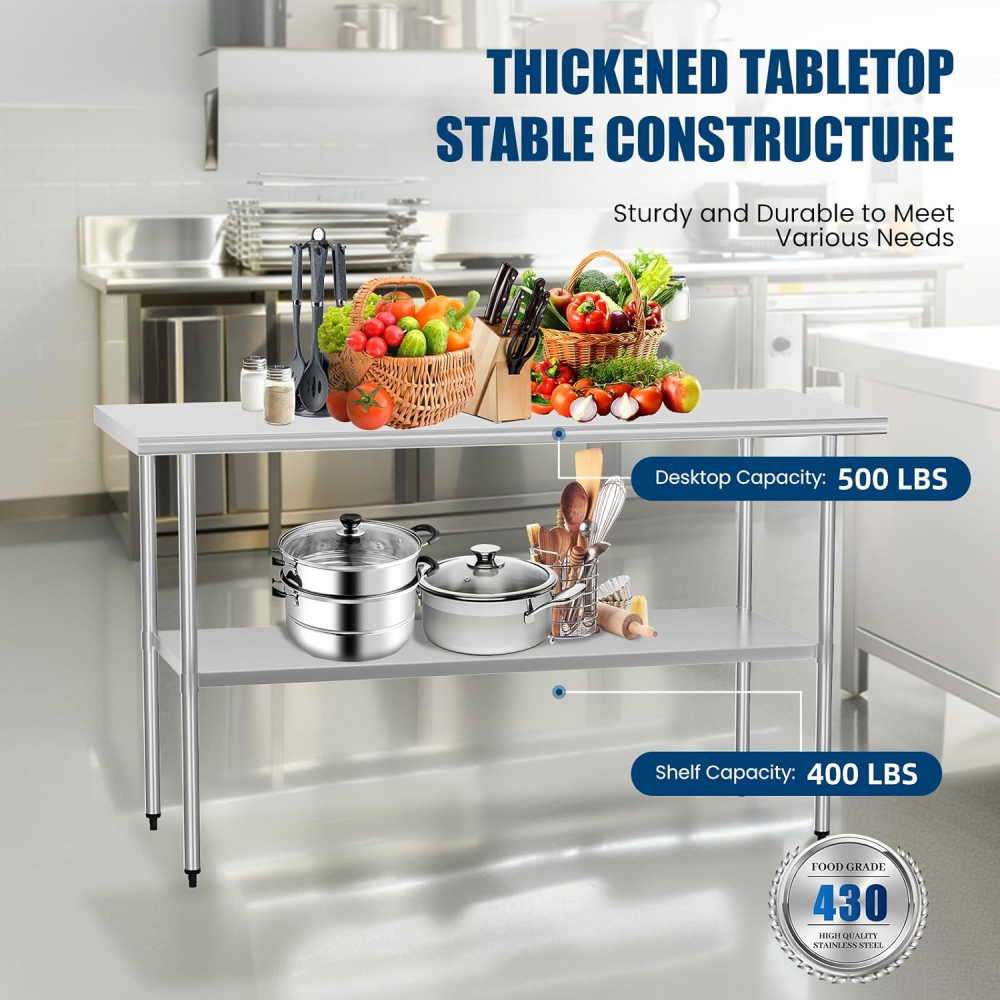 Stainless Steel Table 24 x 60 Inches Metal Prep Table with Adjustable Undershelf, Stainless Table for Commercial Kitchen, Outdoor, Restaurant, Hotel & Garage