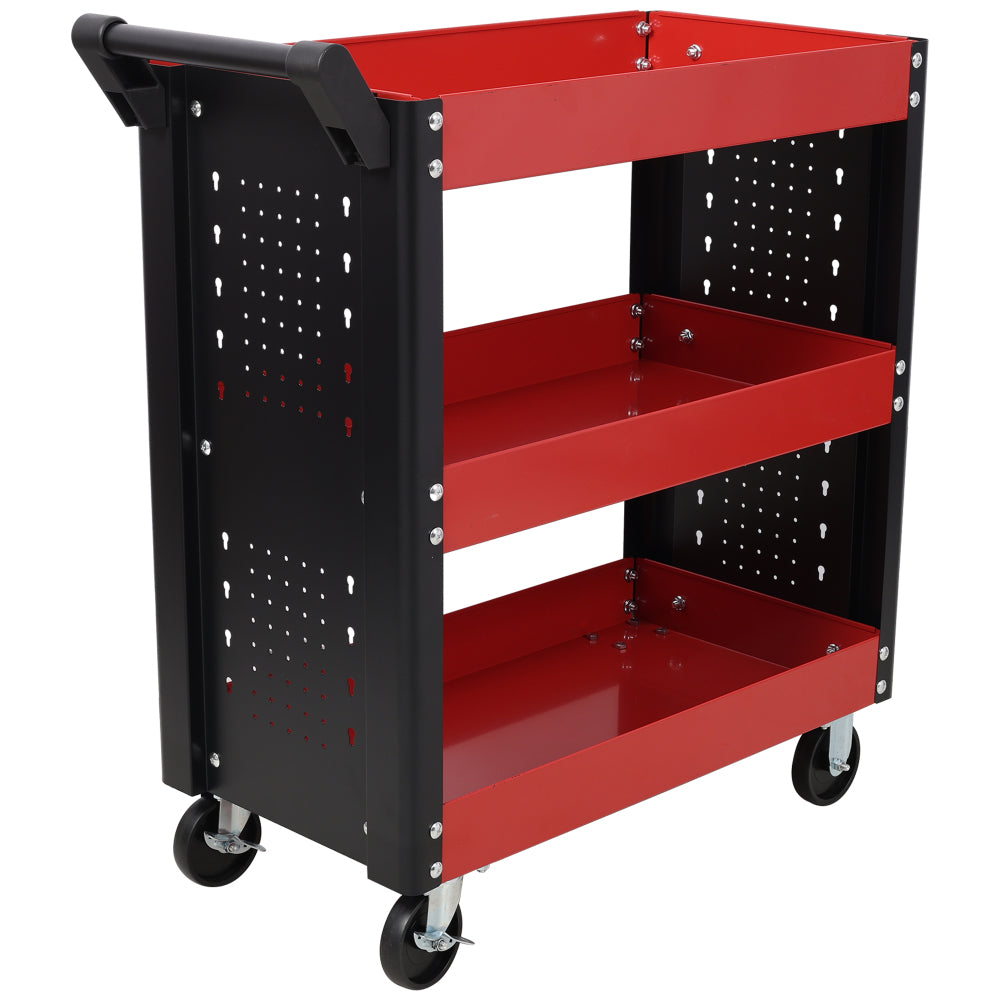 3 Tier Rolling Tool Cart on Wheels,Heavy Duty Utility Tool Cart with Pegboard for Repair Shop, Garage, Warehouse,Red