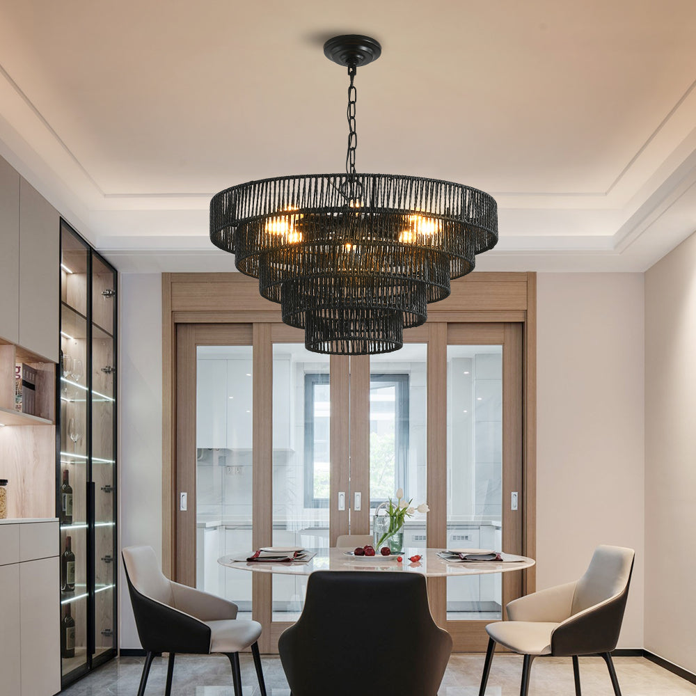 (Same as W1340P155977/L1019-5) 24" Modern 5-Layer Woven Hemp Rope Chandelier, Boho Style Pendant Light, Elegant Hanging Light Fixture for Living Room, Dining Room, Bedroom (No Bulbs)