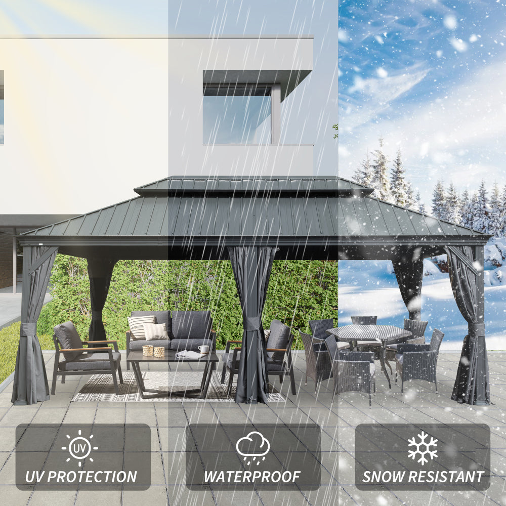 12' X 20' Hardtop Gazebo, Upgraded Metal Gazebo with Drainage System, Dual-Layer Galvanized Steel Roof, Curtain and Netting, Outdoor Shelter Canopy for Patio, Garden, and Backyard, Grey