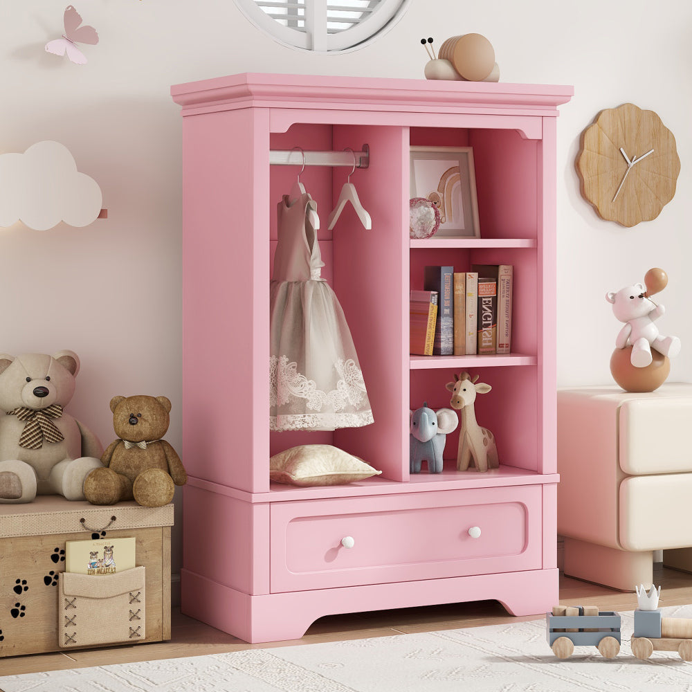 Open children's wardrobe with a hanging rod and open shelves, one large drawer, low design close to the ground for easy access,Pink.