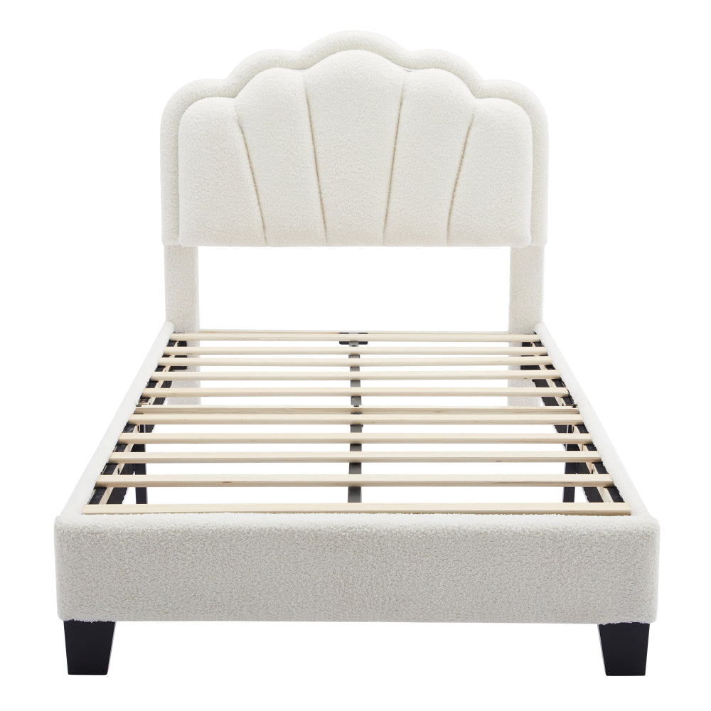 2-Pieces Bedroom Sets Twin Size Flower-Shaped Upholstered LED Platform Bed with Storage Ottoman-Sherpa Fabric, White