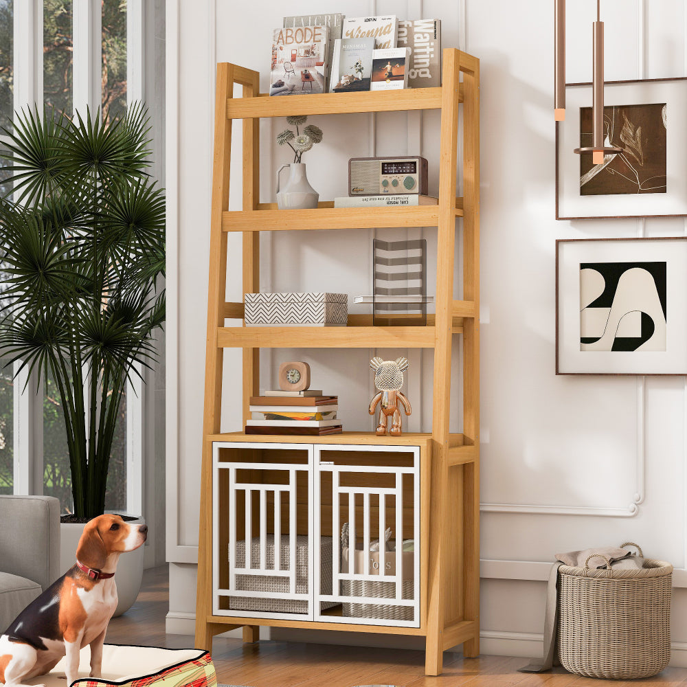 Modern 2 IN 1 Dog Furniture Dog Crate Ladder Bookshelf, Tall Wood Display Shelf with Storage, Dog Kennel Bookcase