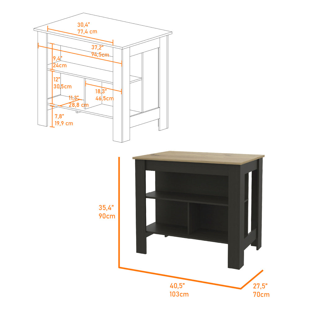 Kitchen Island, kitchen table 35" H, Four Legs, Three Open Storage Shelves, Black / Light Oak