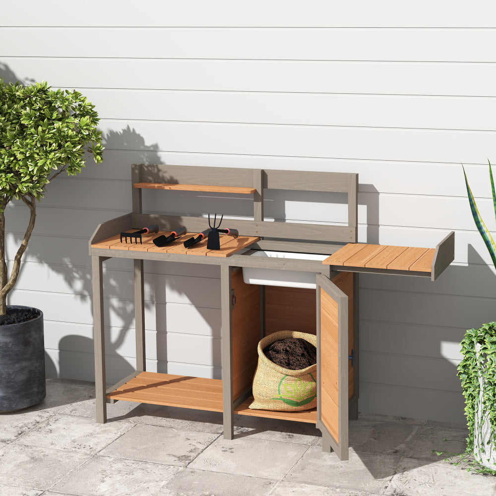 Outdoor Wooden Potting Bench Table with Sink, Garden Table Work Bench with Storage, Workstation for Outside Patio Lawn