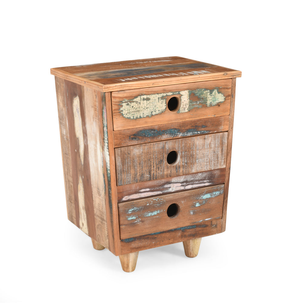 End Table Recycled Wood Nightstand, Side Table with 3 Drawers, Vintage Natural Bedside Table for Bedroom Living Room