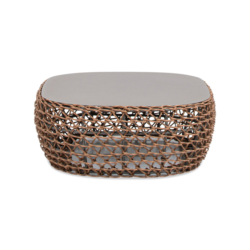 Willow 40.5" Oval Woven Patio Coffee Table, Golden Brown Wicker Frame, Wheat Beige