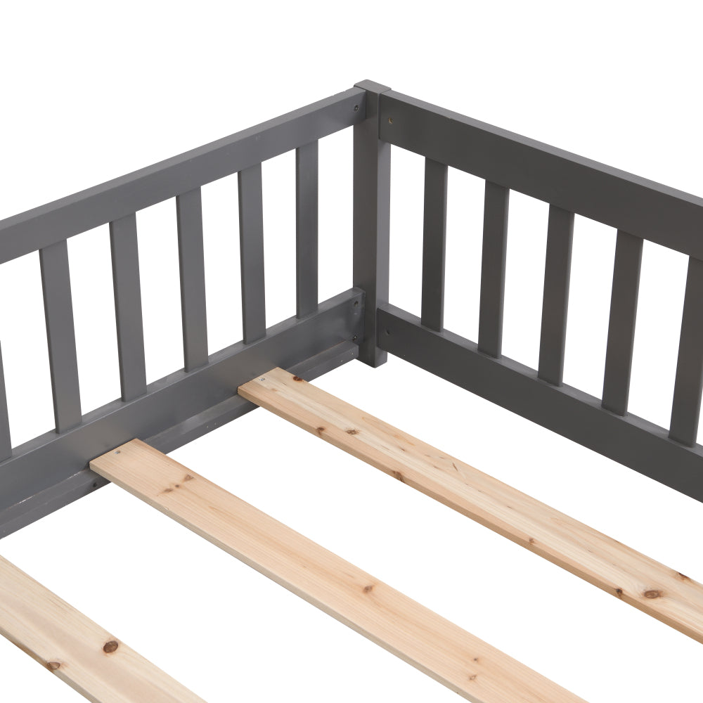 Full Size Floor Bed with Door,Solid Wood Platform Bed Frame with Fence,Suitable for children,Pine Wood,Gray