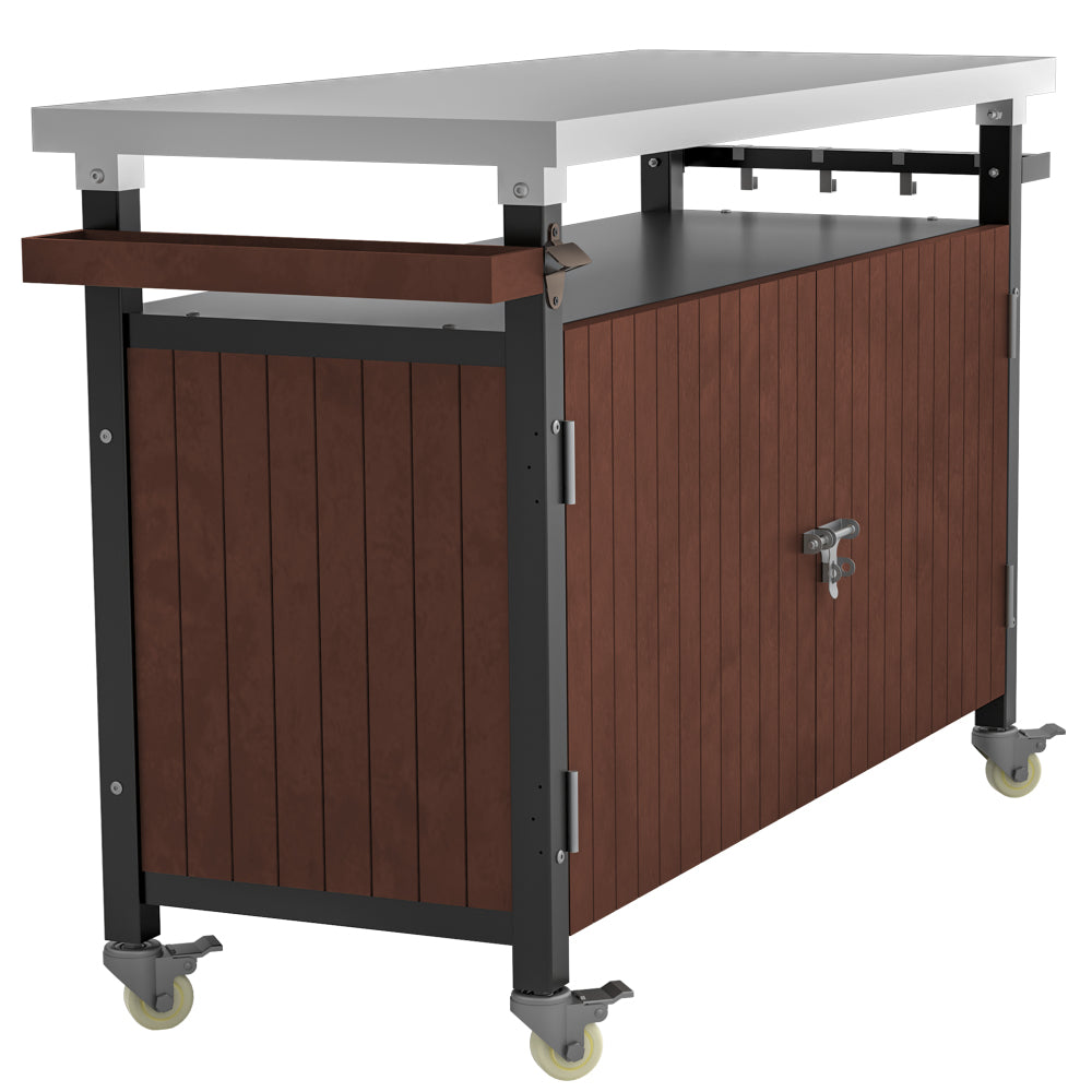 Outdoor Grill Cart with Stainless Steel Tabletop, Storage, Patio Kitchen Island with Wheels, Hooks, and Spice Rack, Waterproof Outdoor Grill Table, Movable BBQ Serving Cart Rolling Bar Cart