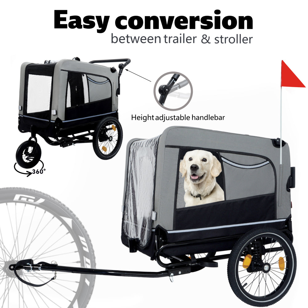 2-in-1 Bike Trailer & Push Cart for Pets - Detachable Bike Hitch & Push Handle Included - All-Terrain Wheels, Quick Release Wheel, Non-Slip Floor, Internal Leash, Holds Pets Up to 88 lbs, Black- Grey