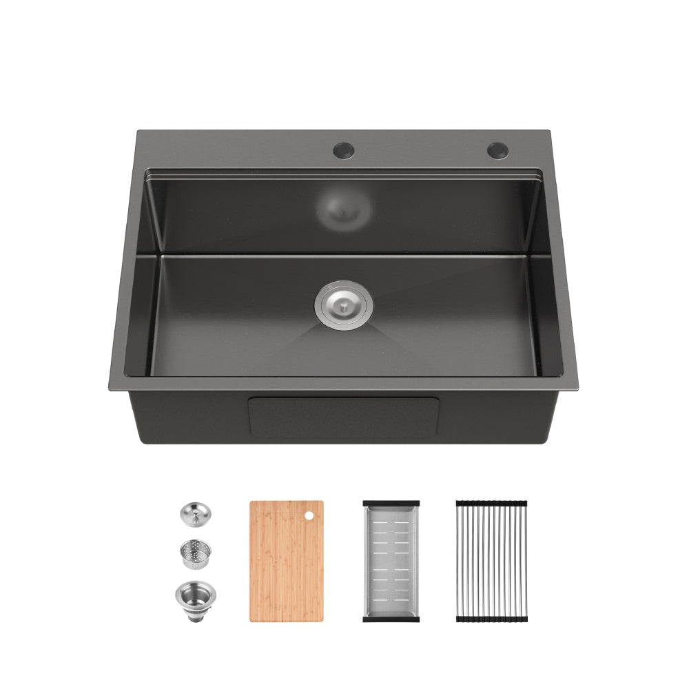Stainless Steel Kitchen Sink, 32″x19″ Single Bowl, Overmount Handmade Sink in Brushed Nickel, with US Standard Drain and Hook, LS-SSBR02