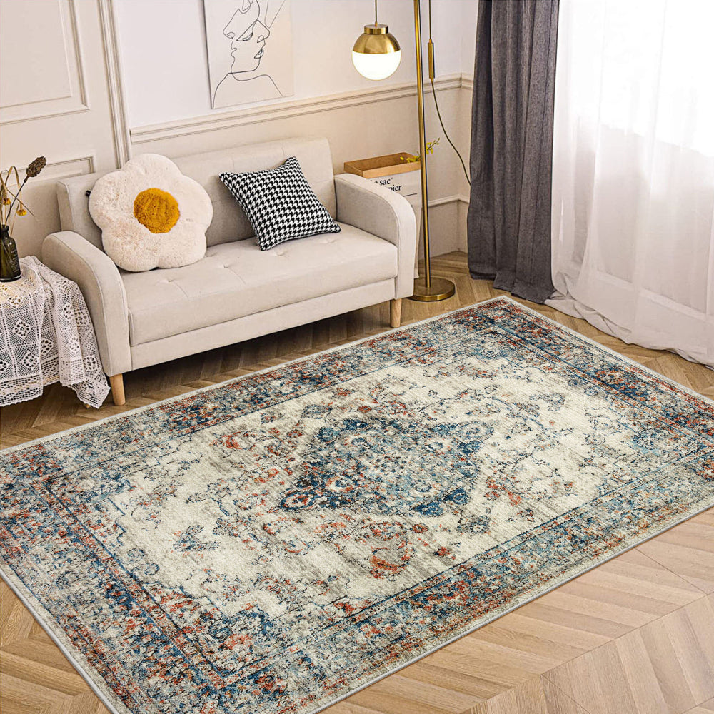 Area Rug 5x7 Vintage Bohemia Large Persian Non-slip Washable Rug For Living Room Kitchen Bedroom Living Room Flower Design Blue/Yellow