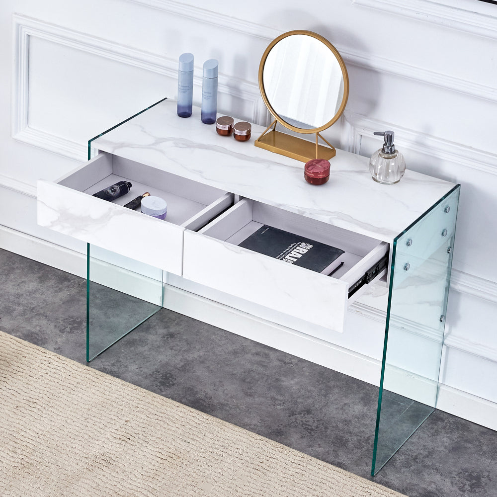 White environmental protection MDF minimalist dresser, desk, desktop computer desk, with double drawer storage space, simple home, perfect for various styles of home environment.