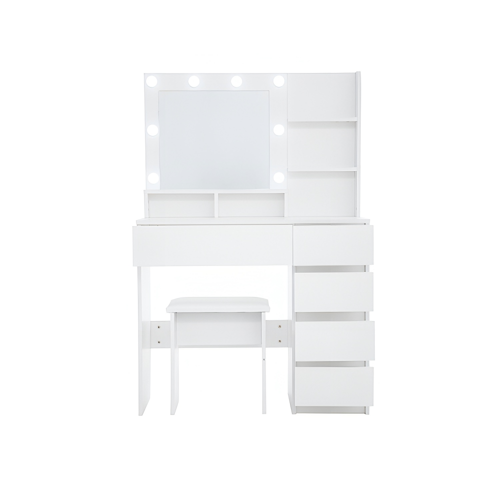 Vanity, Makeup Vanity Desk Set with Mirror & Light, Dressing Table Storage Lots with Power Strip, 3 Lighting Modes with Adjustable Brightness, 37 Inches (White with Stool)