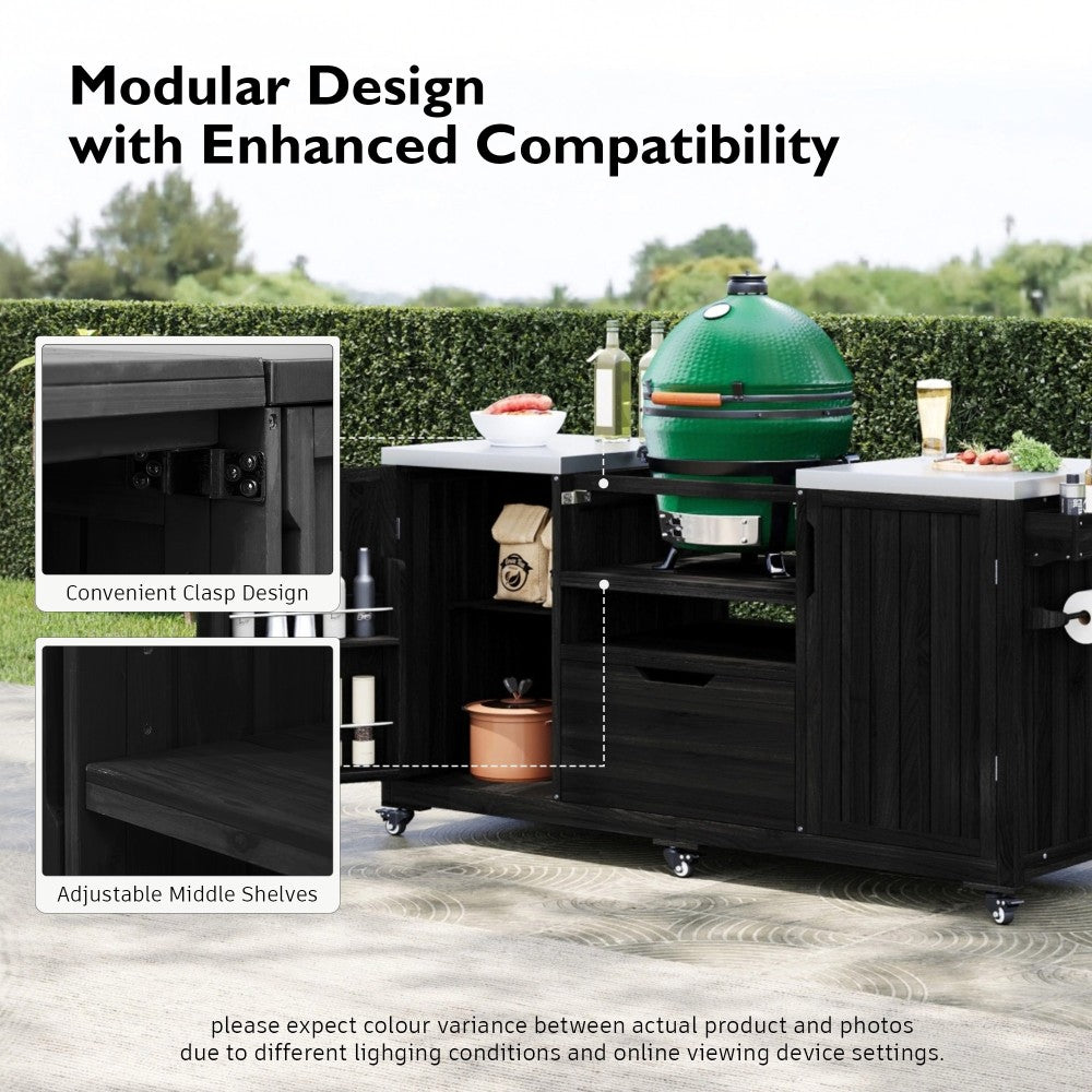 K&K 66.5" Outdoor Kitchen Island for Big Green Egg Grills, Solid Wood Outdoor Grill Cart for Tabletop Grill with Stainless Steel Top, Drawer, Compatible with Large Big Green Egg, Kamado Joe- Black