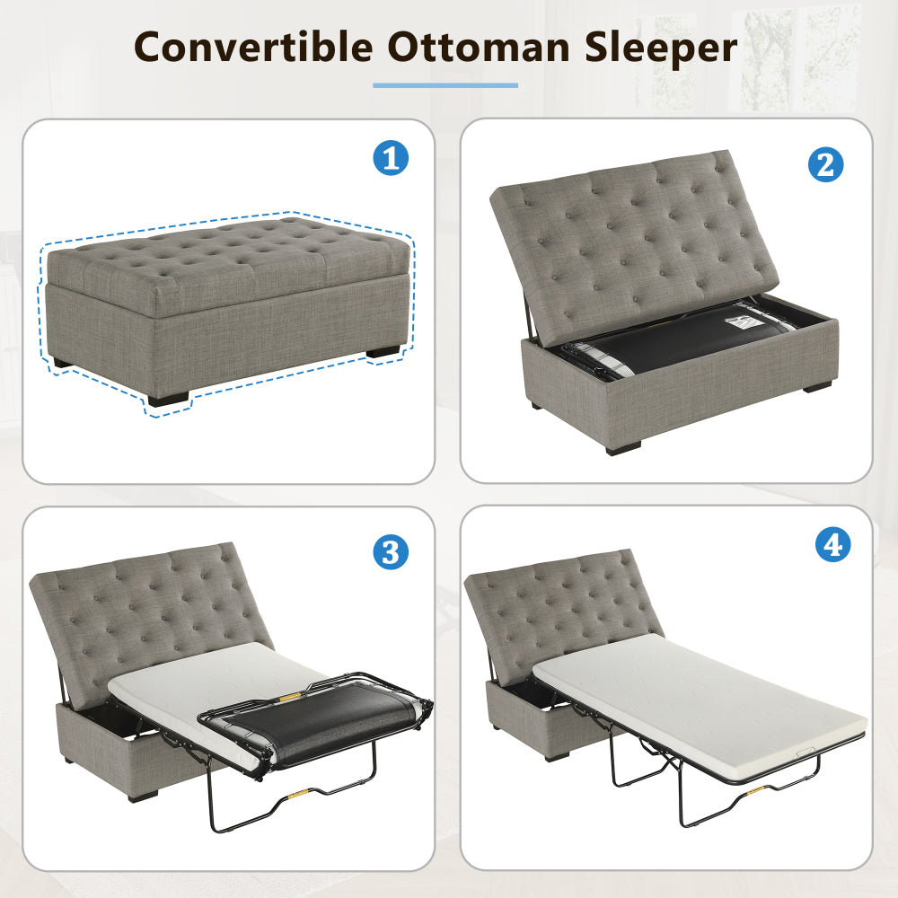 Folding Sofa Bed, 49.6" Ottoman with a Folding Sofa Bed, Convertible Ottoman Sleeper with Memory Mattress and Tufted Design for Living Room, Gray