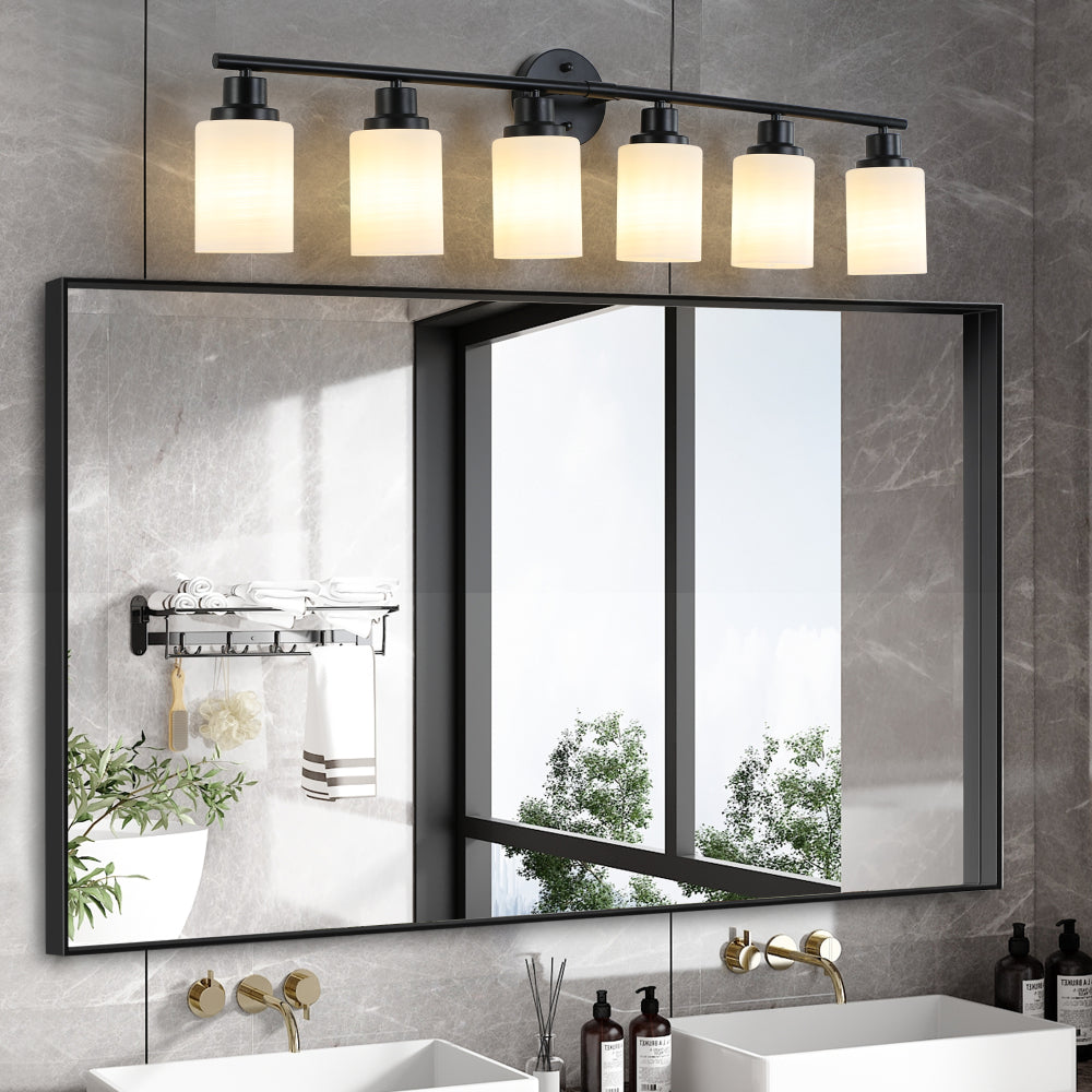 39" Modern 6-Light Vanity Bathroom Mirror Light, Frosted White Glass with Black Iron Frame, Contemporary Wall Sconce for Bedroom, Bathroom, and Dressing Room (No Bulbs)