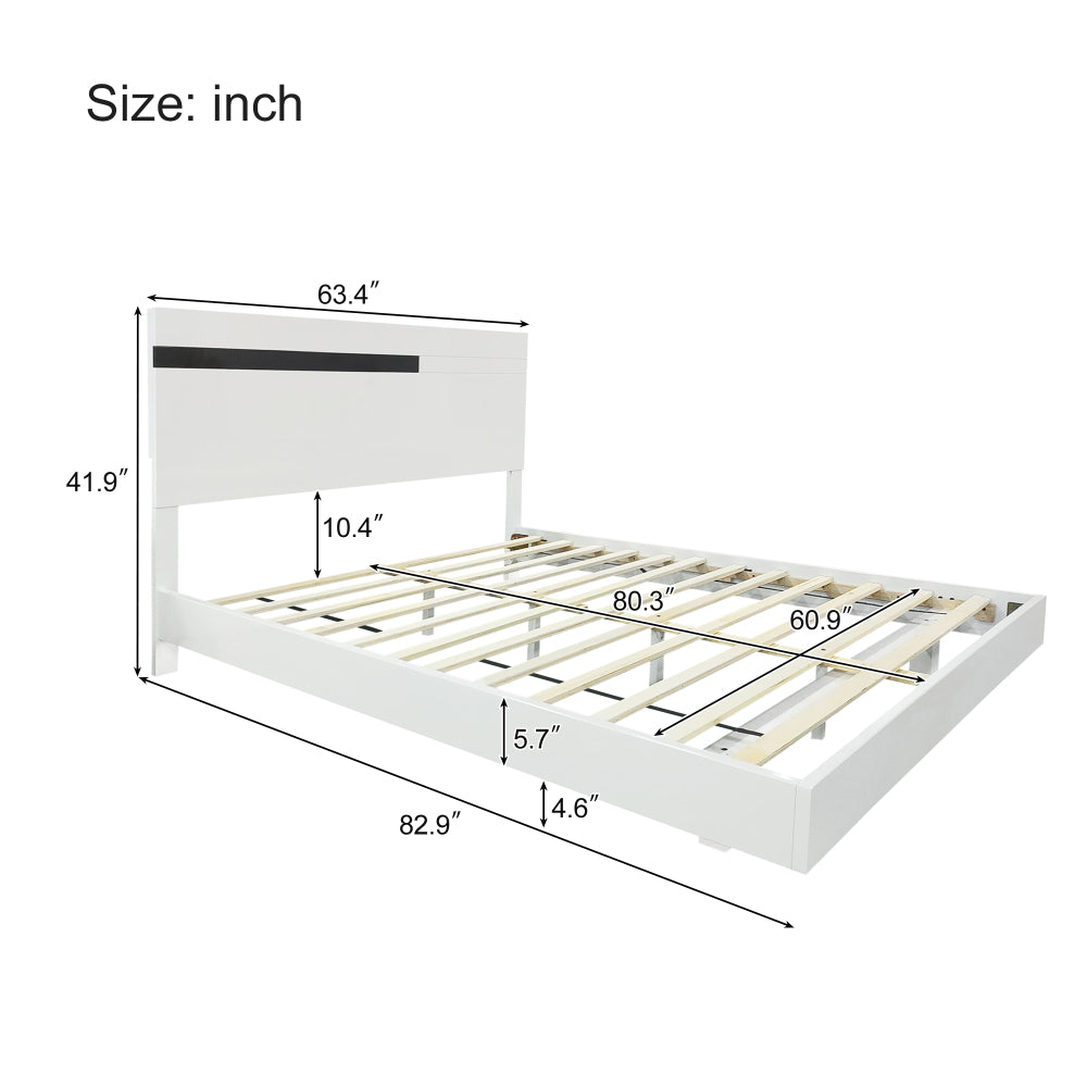 Modern High Gloss 3-Piece Bedroom Set Floating Bed Frame Queen Size Platform Bed with LED Light & 2 Nightstands, White