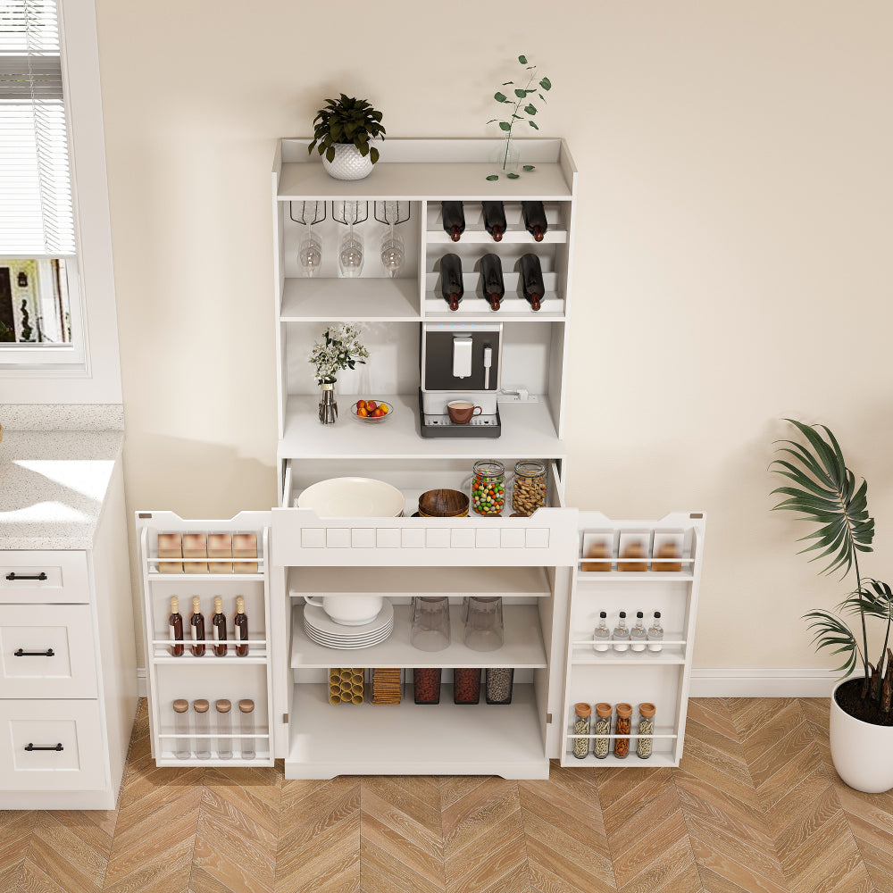 White Buffet Cabinet with Hutch - Modern Farmhouse Kitchen Storage Sideboard with 2 Drawers & Barn Doors, Coffee Bar Station or Liquor Cabinet for Dining Room, Living Room