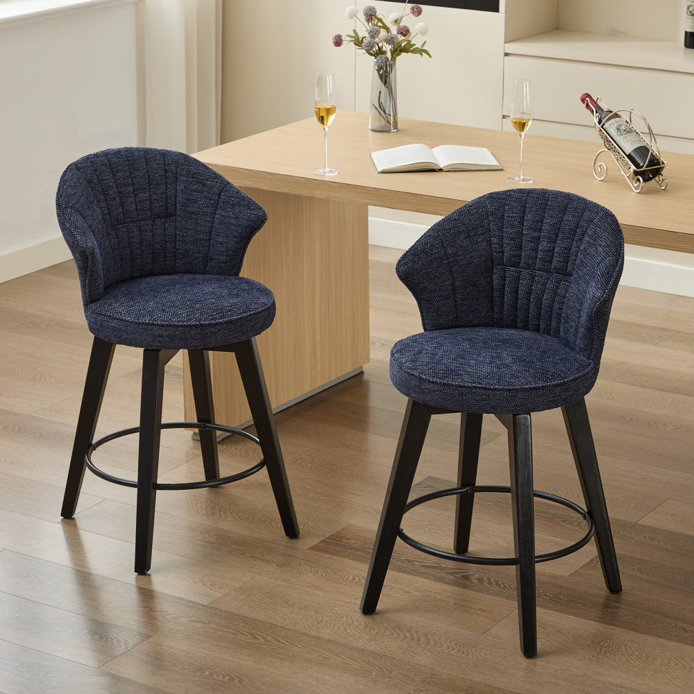 008-Wing Back Swivel Bar Stools Set of 2 - 25" Counter Height Adjustable Stools with Solid Wood Legs & Chenille Upholstery, Leveling Feet for Kitchen Island, Home Pub or Dining Room, White