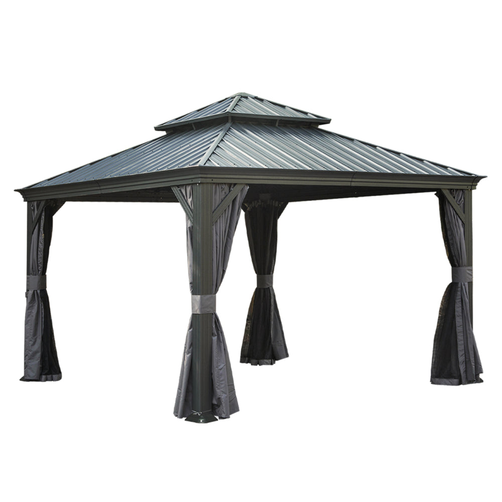 12' X 12' Hardtop Gazebo, Upgraded Metal Gazebo with Drainage System, Dual-Layer Galvanized Steel Roof, Curtain and Netting, Outdoor Shelter Canopy for Patio, Garden, and Backyard, Grey