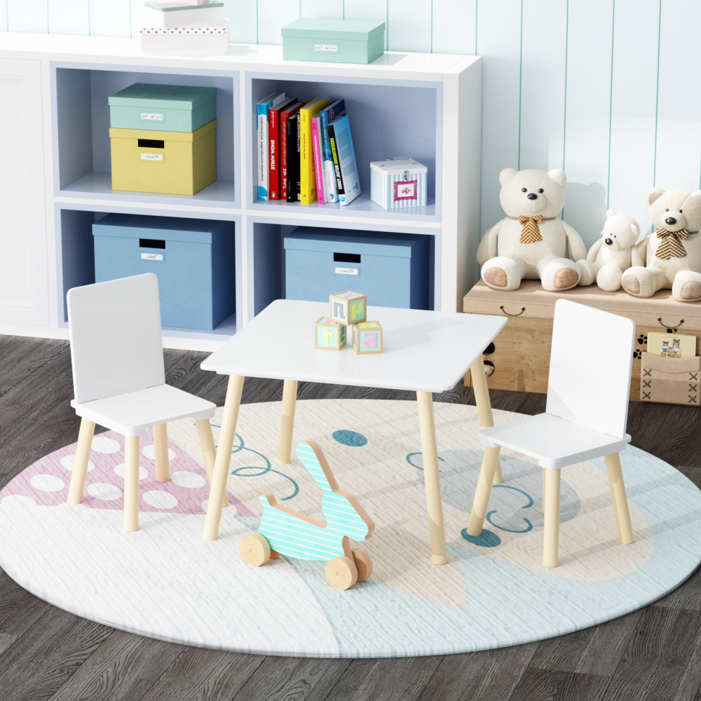 5 Piece Kiddy Table and Chair Set , Kids Wood Table with 4 Chairs Set Cartoon Animals (bigger table) (3-8 years old)