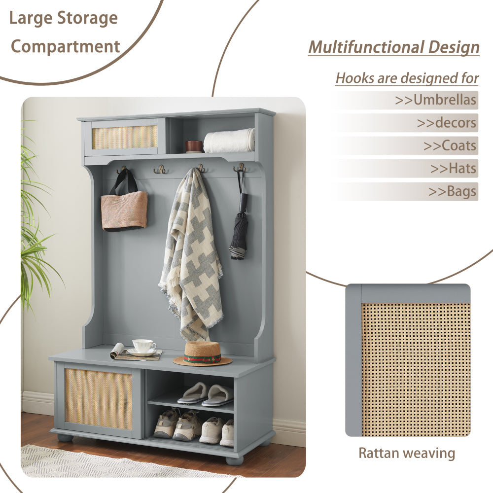 Clothes hanger Hall Tree Storage Bench Shoe Rack for Entryway, Hall Tree with Bench and Shoe Storage, Hall Tree Entryway Bench with Rattan Door Gray, 40.16"W*18.58"D*64.17"H