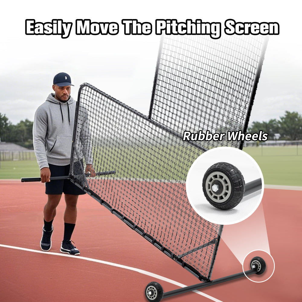 L-Shaped Baseball Net for Batting Cages, Baseball Pitching Net with Wheels - 84''H x 84''W, with 42'' x 42'' Cutouts,include Carry Bag