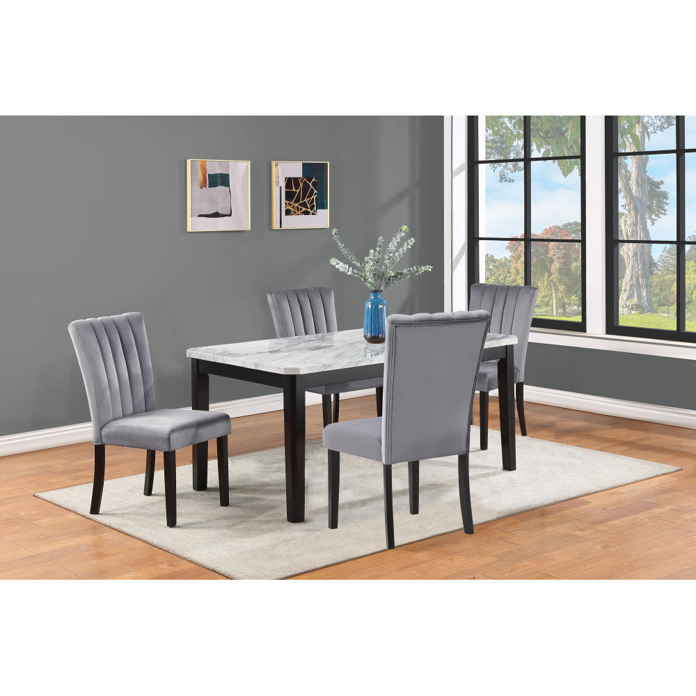 6-Piece Contemporary Dining Set Rectangular Faux Marble Table Top Black Finish Upholstered Chairs Bench Channel Tufting Wooden Solid Wood Dining Room Kitchen Furniture