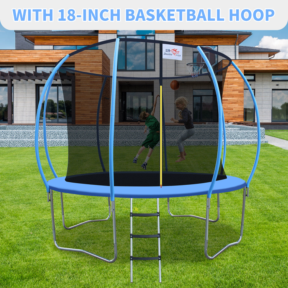 DOUBLE FISH 12ft Foldable Mini Trampoline Fitness Rebounder with Handrail for Adults, 400 Lbs Capacity, Blue Round Iron Frame, Compact & Portable for Home Workouts