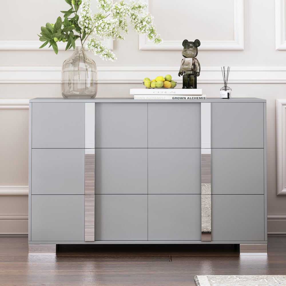 Elegant Nightstand with Metal Handle,Mirrored Bedside Table with 2 Drawers for Bedroom,Living Room,Grey