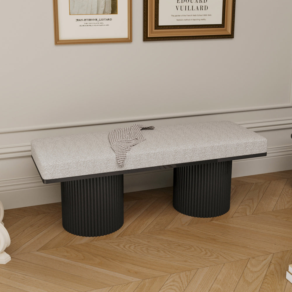 Upholstered Bench with Chunky Legs Light Grey Boucle Fabric Contemporary Style Bed-end Bench for Bedroom Living Room, Natural Wood