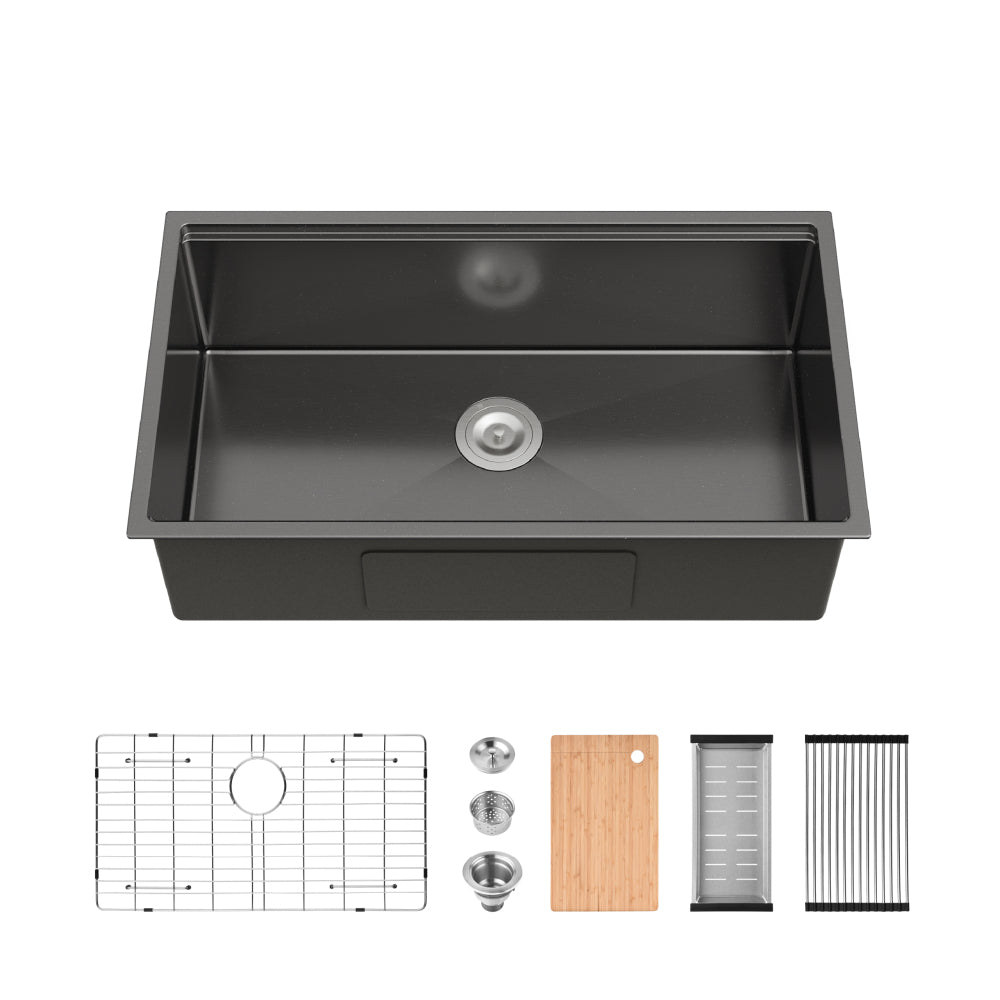 Stainless Steel Kitchen Sink, 33″x19″ Single Bowl, Undermount Handmade Sink in Dark Gray, with Cutting Board, Colander