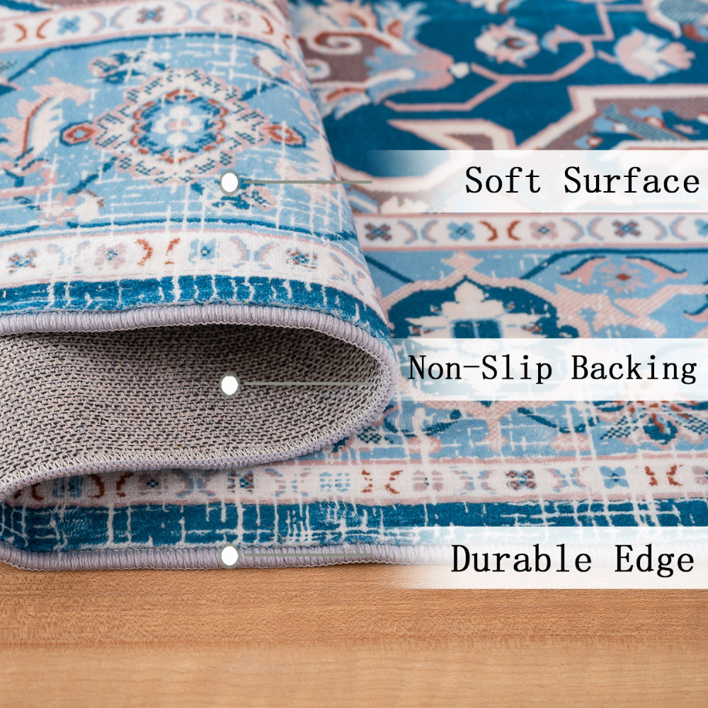 Area Rug 5x7 Vintage Bohemia Large Persian Non-slip Washable Rug For Living Room Kitchen Bedroom Living Room Flower Design Blue