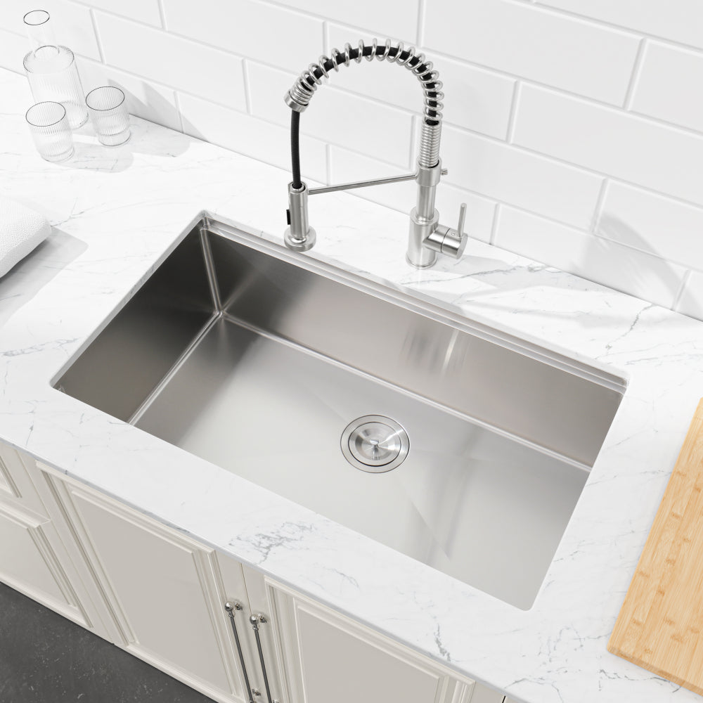 Stainless Steel Kitchen Sink, 27″x19″ Single Bowl, Undermount Handmade Sink in Brushed Nickel, with US Standard Drain and Hook, LS-SSBR06