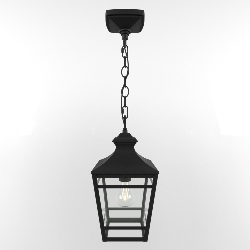 Outdoor Pendant Light E26 Socket, 14.5'' Modern Exterior Hanging Light Fixture with Clear Glass, Farmhouse Black Metal Outside Chandelier for Patio Front Porch Foyer Entryway (1 pack)