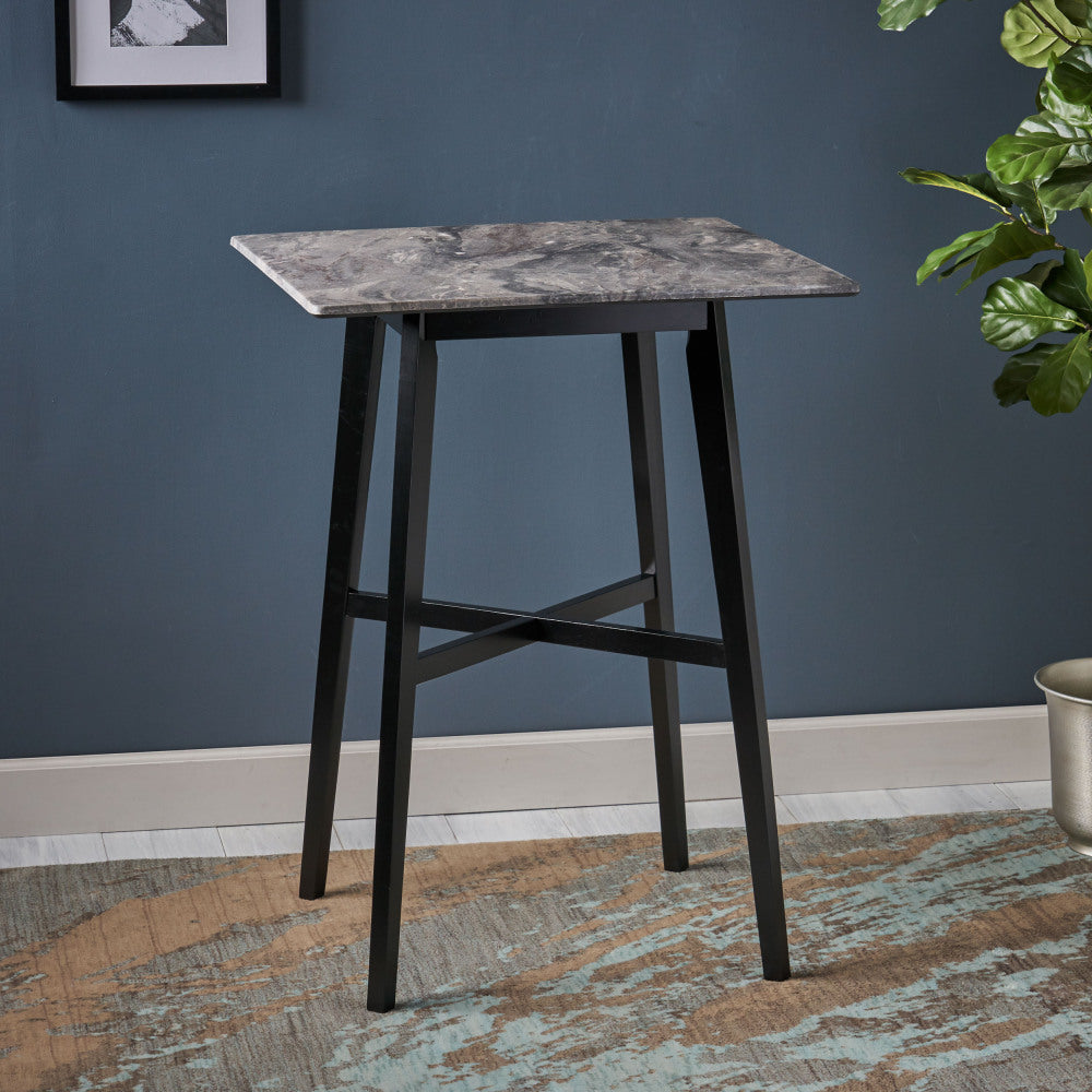 Modern Bar Height 42" Dining Table, Rubberwood Legs and Laminate Table Top, Paladina Marble Finish, Black