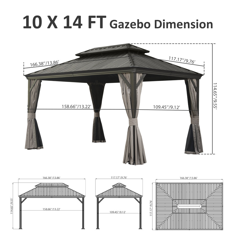 10' X 14' Hardtop Gazebo, Upgraded Metal Gazebo with Drainage System, Dual-Layer Galvanized Steel Roof, Curtain and Netting, Outdoor Shelter Canopy for Patio, Garden, and Backyard, Brown