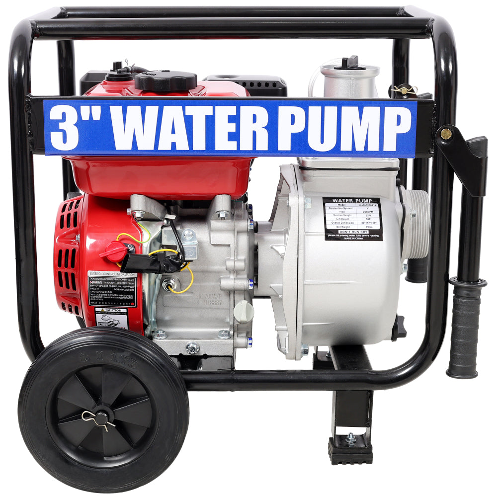 Gas Engine Powered Water Pump 3" inlet&outlet, Flow:264Gpm , 7HP Engine 212CC, EPA Certificated, 3in NPT Connector, 3in to 2in coupler 2in1, 50 ft Discharge Hose, 12 ft Suction Hose, Wheels and Handle