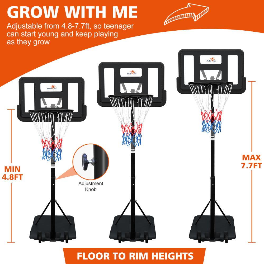 DOUBLE FISHAdjustable Outdoor Basketball Hoop 4.8-7.7ft with Backboard - Portable & Wall-Mounted for Youngsters, Youth, and Adults in Backyard or Driveway - Black