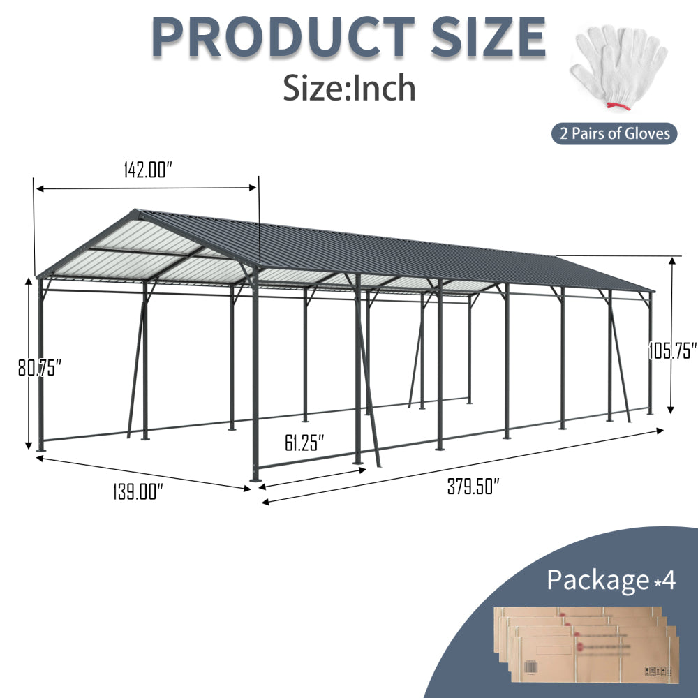 12*32 FT Carport, Heavy Duty Carport with Galvanized Steel Roof and Frame, Metal Carport Large Garage with 4 Fixed inclined square tube supports