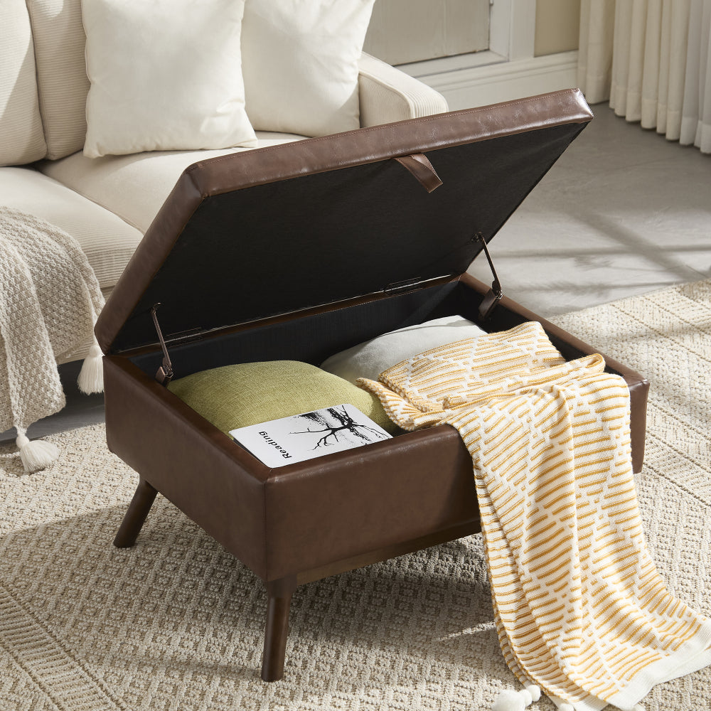 Mid-century modern square coffee table storage bench, assembled, suitable for living room, entryway and family room, used as a coffee table, stirrups, shoe bench
