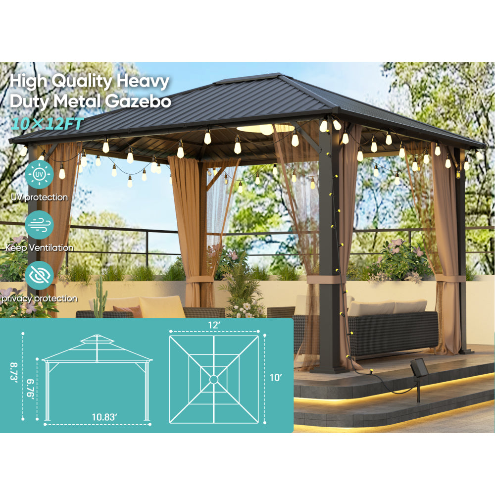 10x12 Hardtop Metal Gazebo,Heavy Duty Pergola with Mosquito Nets&Galvanized Steel,Sturdy Outdoor Canopies Tent,Suitable for Gardens,Patio,Backyard