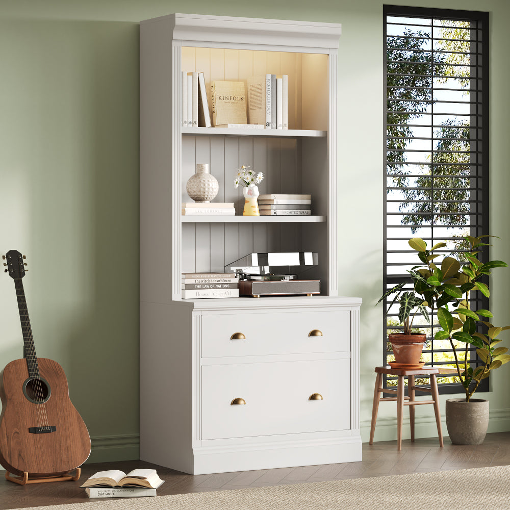 83.4"Tall Bookshelf with Writing Desk, Modern Bookcase with Study Desk, Workstation with Storage Shelf,Storage Bookcase with Open Shelves and LED Lighting for Living Room,Home Office,White