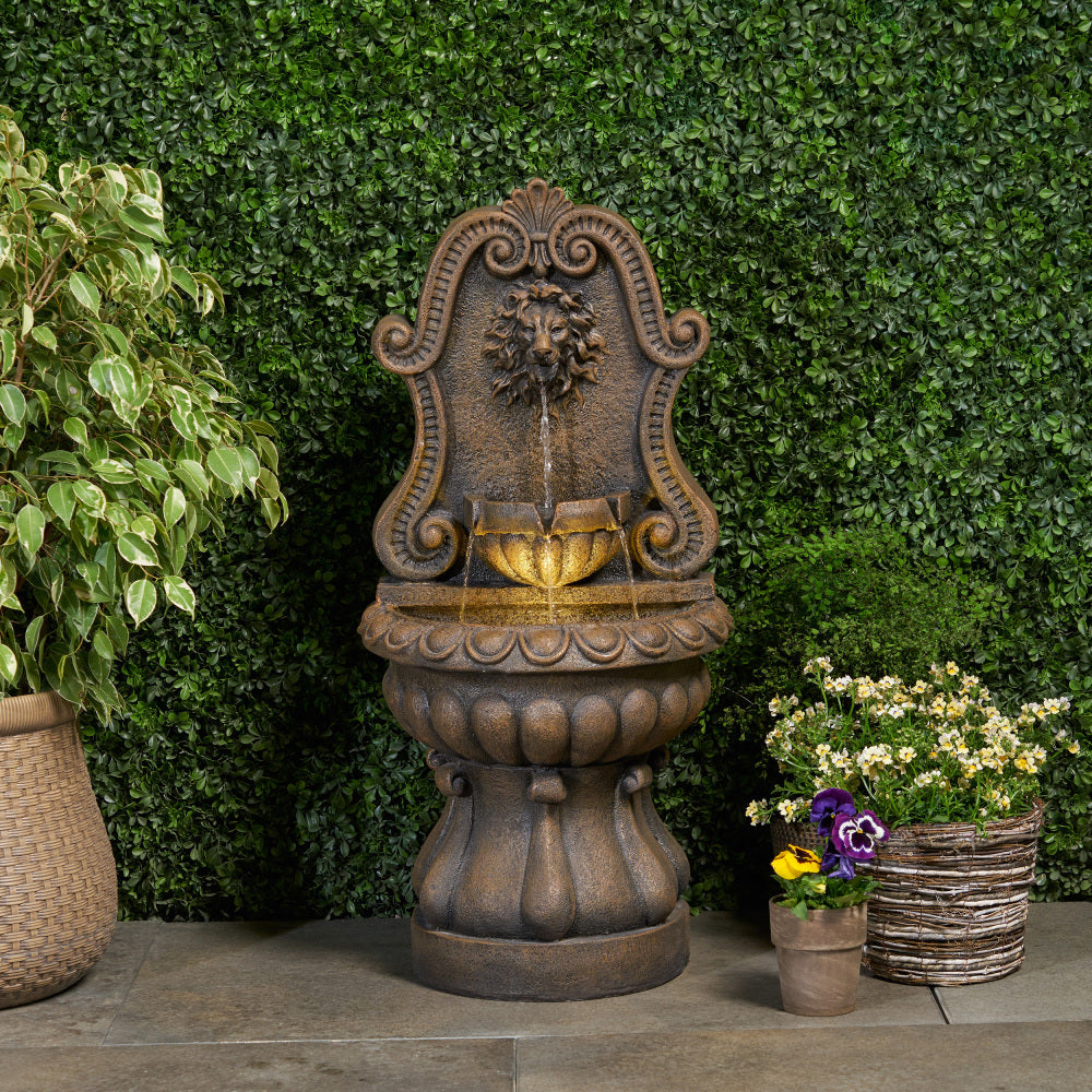 35.25" High Hand Crafted Weather Resistant Floor Fountain with Light, Light Brown
