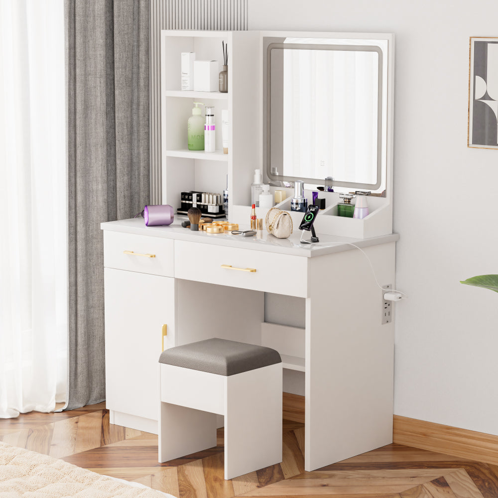 32'' Wide Makeup Vanity Desk with Lighted Mirror and Power Outlet, Dressing Table with Large Storage Space and Cushioned Stool for Bedroom & Studio