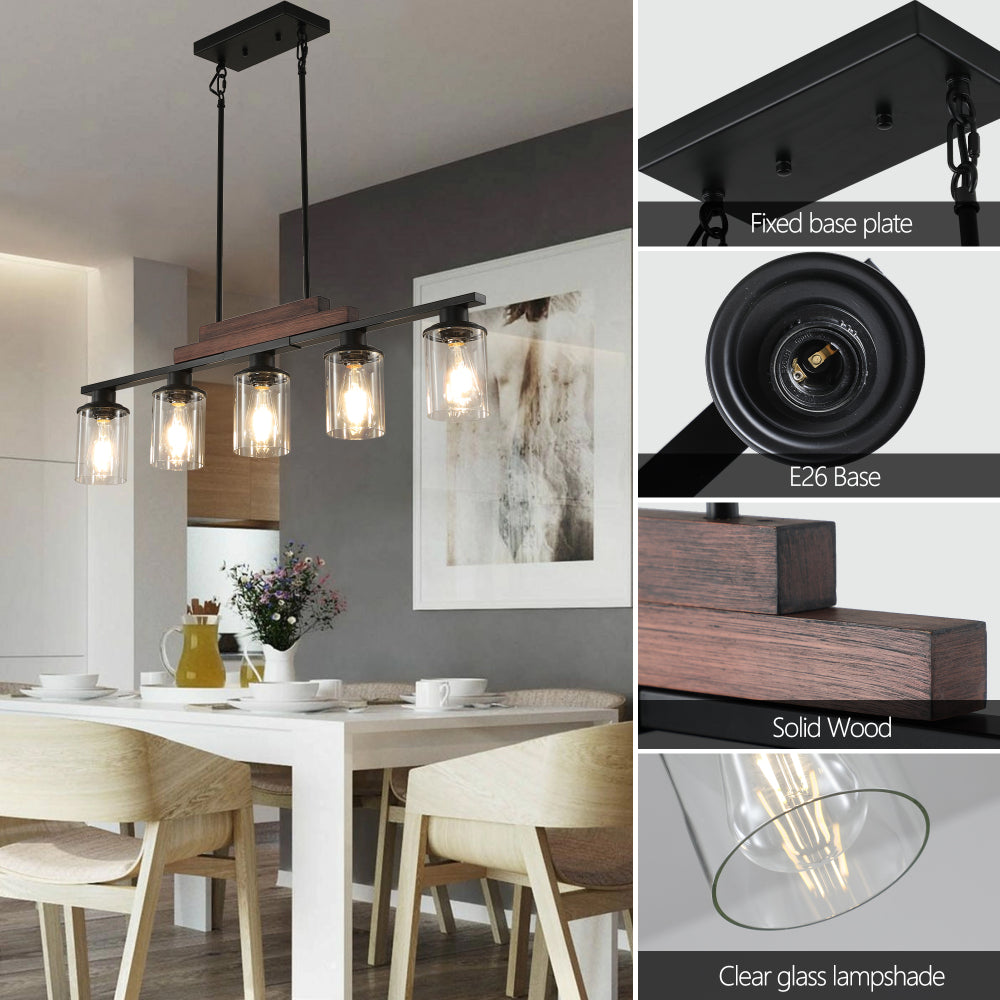 37" Farmhouse Industrial 5-Light Kitchen Island Pendant Light, Metal Wood Chandelier with Clear Glass Shades, Adjustable Height Hanging Fixture for Dining Room, Living Room, Kitchen (No Bulbs)